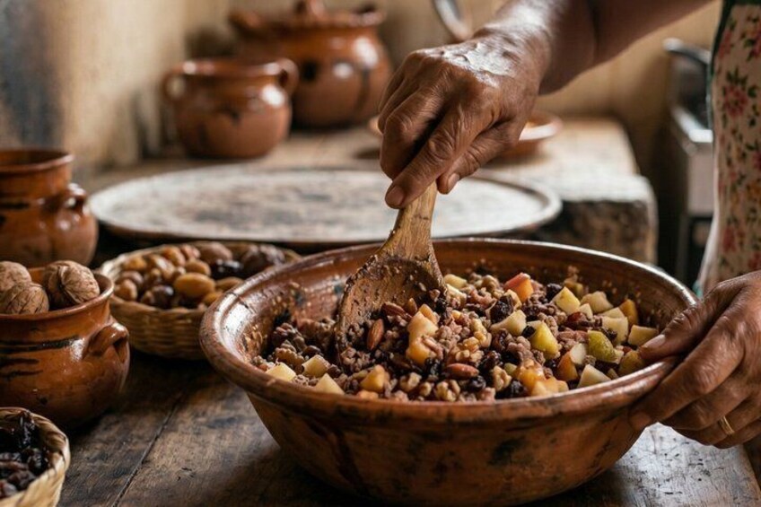 A person mixing a dish with nuts and dried fruits in a large clay bowl. 2