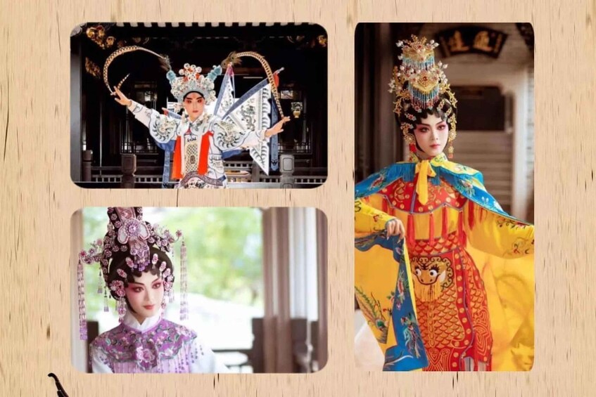 A person in traditional Chinese opera attire with elaborate headpieces and costumes. 1