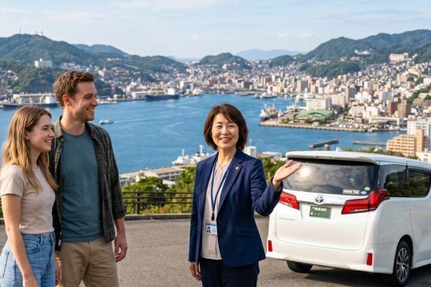 A cityscape with a river, mountains, and a white car parked on the side of a road. 1