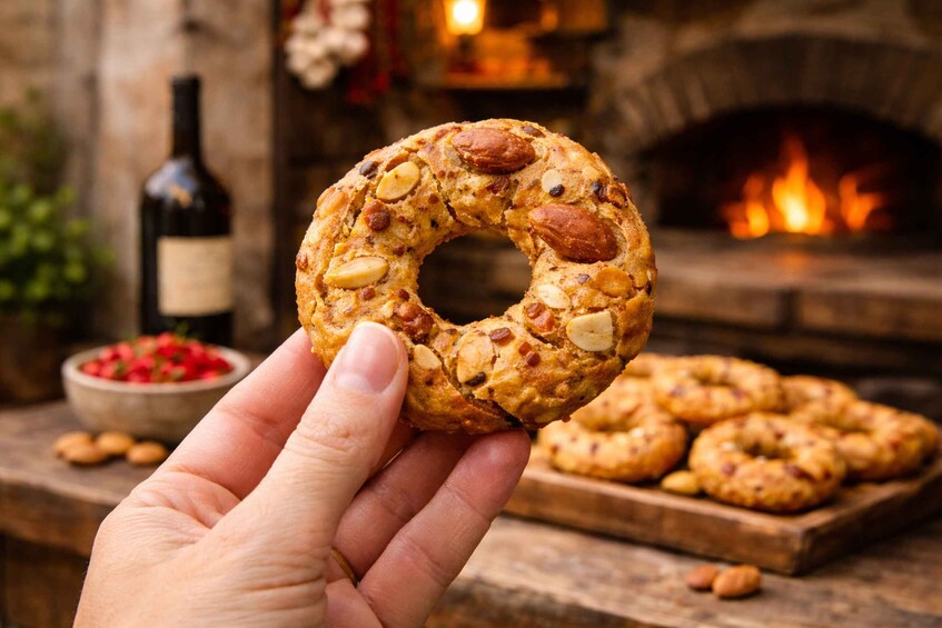 A hand holding a round, nut-filled pastry with a hole in the center, a bottle of wine, and a fireplace in the background. 4
