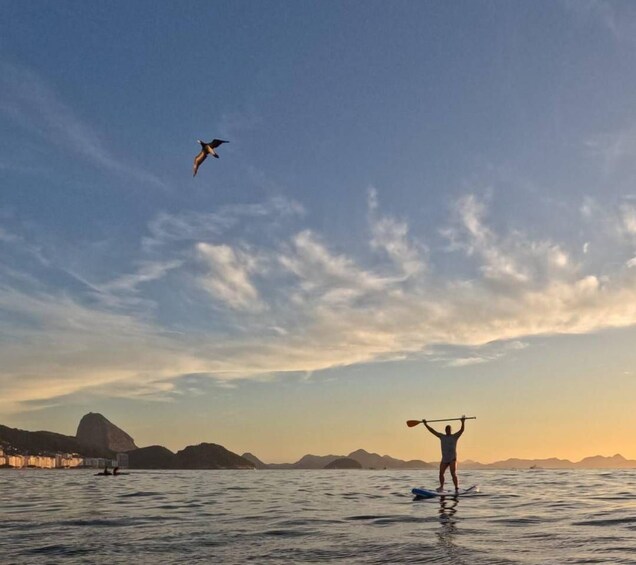 A person paddleboarding on calm water with mountains in the background and a bird flying overhead. 1