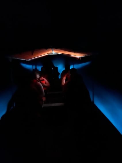 A dimly lit interior with a curved ceiling and blue ambient lighting. 1