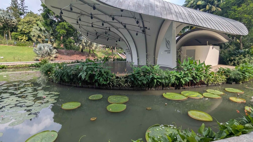 A modern pavilion with a curved roof, surrounded by a pond with lily pads and lush greenery. 1