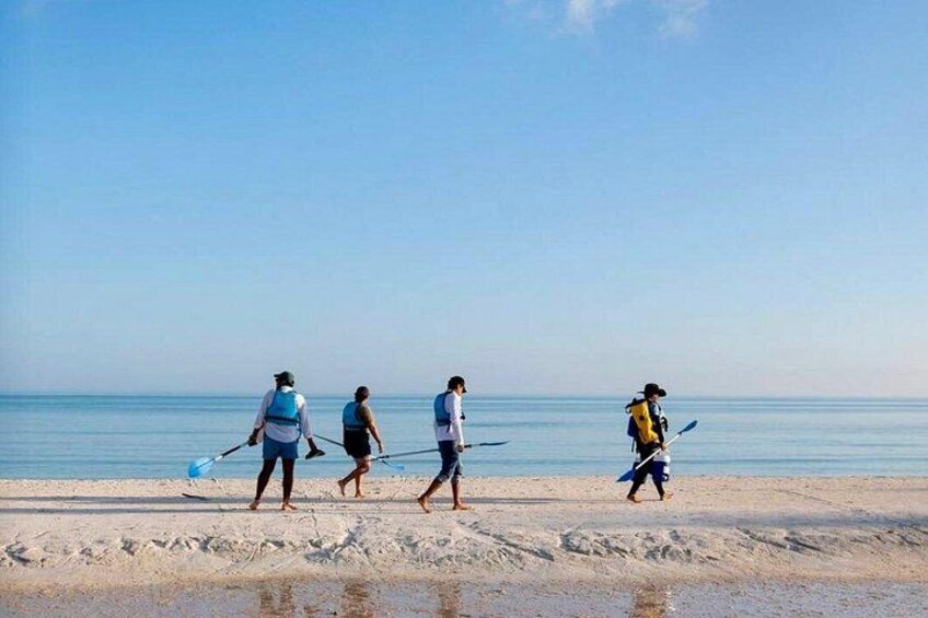 A group of people walking on a beach with kayaks. 4
