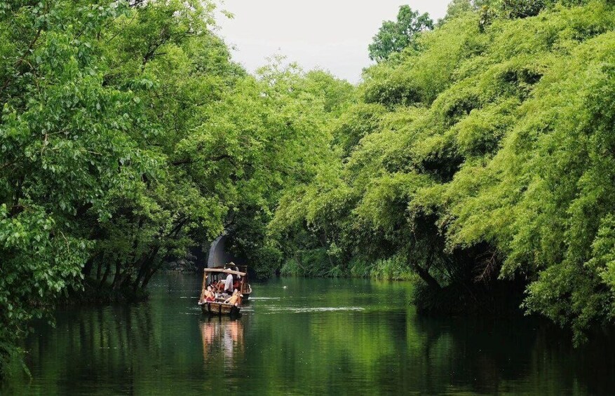 A river surrounded by dense green foliage with a boat carrying passengers. 5