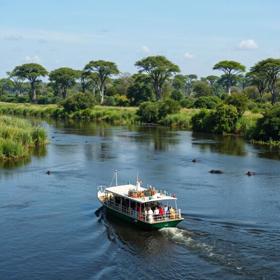 A boat on a river with wildlife and trees in the background. 3