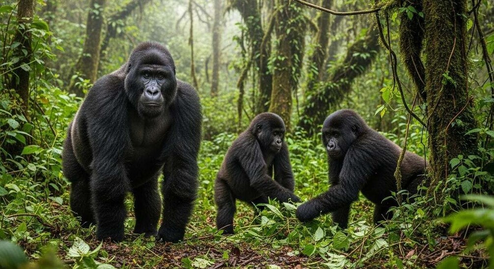 Gorillas in a dense forest. 1