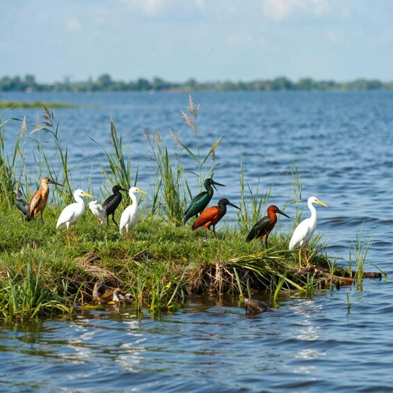 A group of birds on a grassy bank by a calm body of water. 4