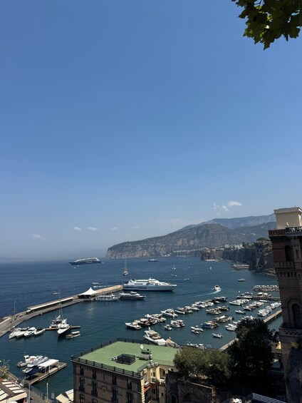 A marina with numerous boats docked, a large cruise ship in the distance, and a mountainous coastline. 4