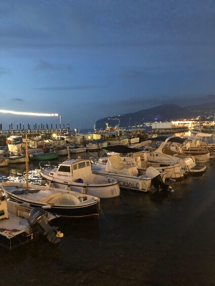 A marina at dusk with boats docked and lights illuminating the water. 2