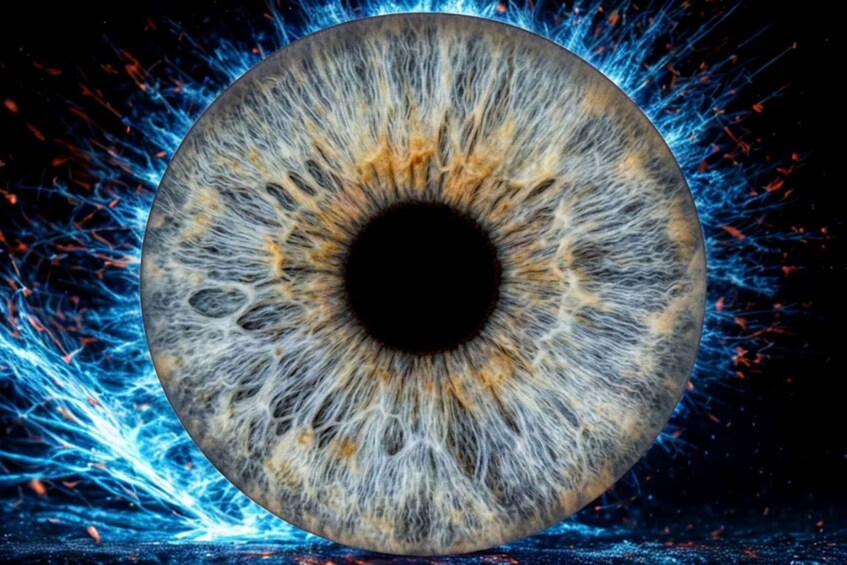 A large, circular object with a textured surface and a central dark area, surrounded by a dynamic, fiery background. 2
