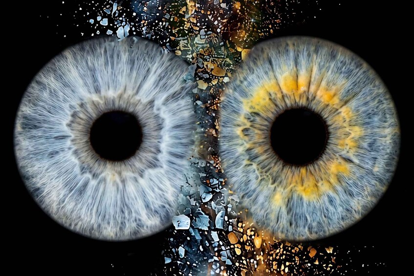 Two eyes with one eye having a yellow ring around the pupil. 3