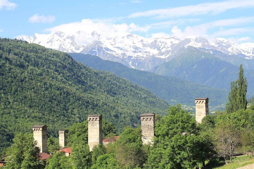 A mountainous landscape with snow-capped peaks, a forested valley, and a tower with crenellations. 4