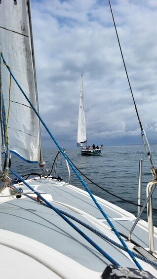 A sailboat with a white sail, blue ropes, and a person on deck. 2