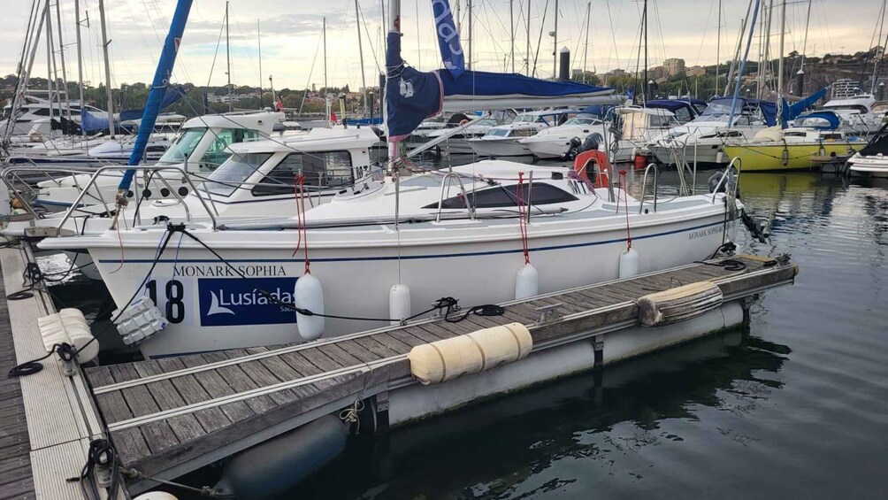 A marina with several sailboats docked, including one named 'Monark Sophia' with a number '18' on its side. 4