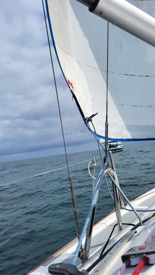 A sailboat with a white sail, blue rigging, and a green hull. 5