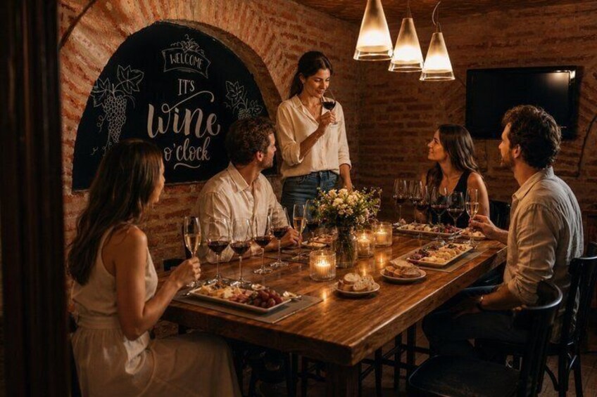 A group of people dining in a brick-walled room with a sign that reads 'Welcome It's Wine o'clock.' 1
