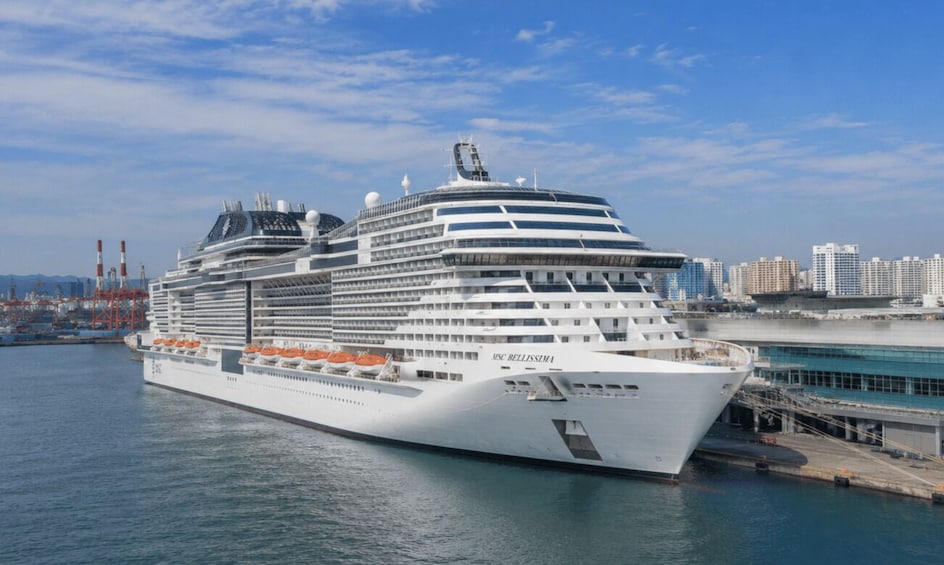 A large cruise ship docked at a port with a city skyline in the background. 2