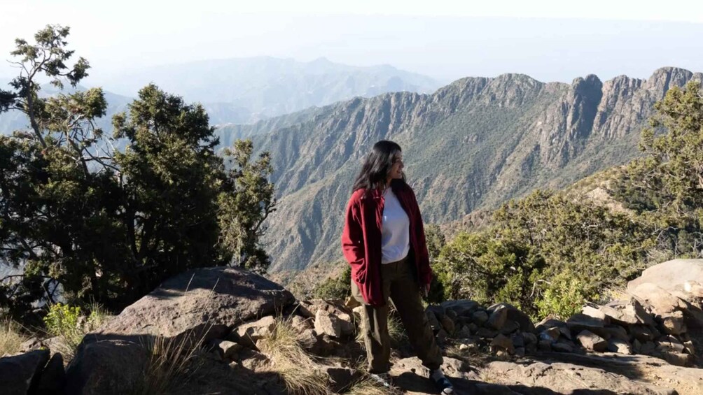 A person standing on a rocky outcrop with a mountainous landscape in the background. 2