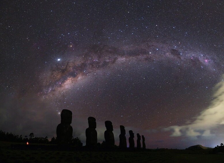 A starry night sky with the Milky Way and a row of Moai statues. 2