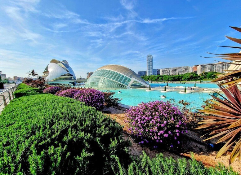 A modern architectural complex with a large pool and landscaped gardens. 5