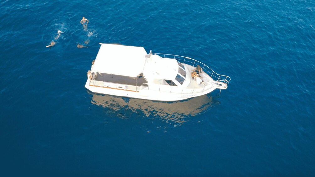 A white boat with a cabin and a covered deck, floating on blue water. 5