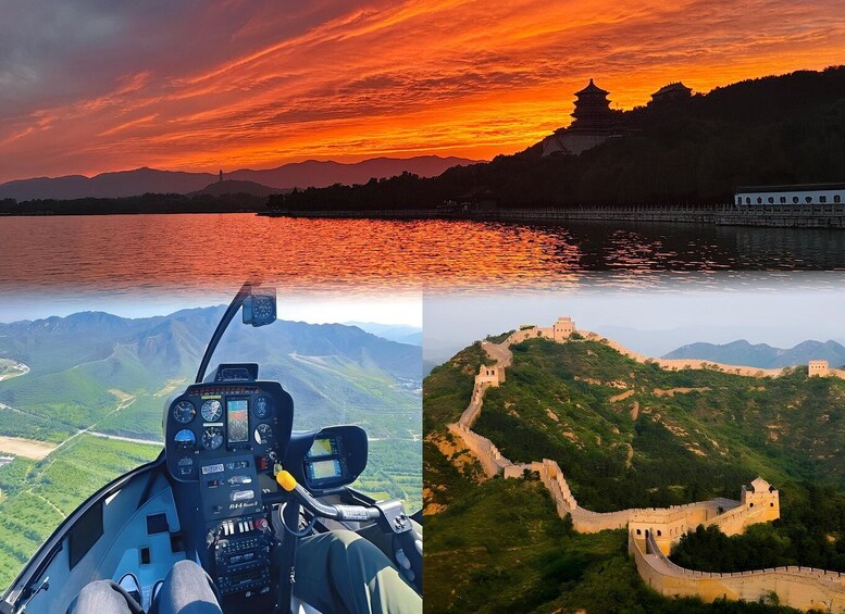 A sunset over a mountainous landscape with a traditional pagoda, a helicopter cockpit view, and the Great Wall of China. 1