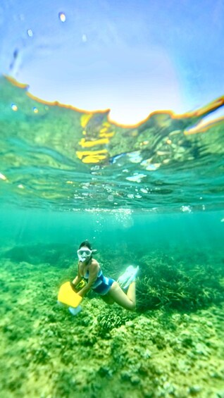 A person snorkeling underwater with a yellow fin, surrounded by marine life and coral. 2