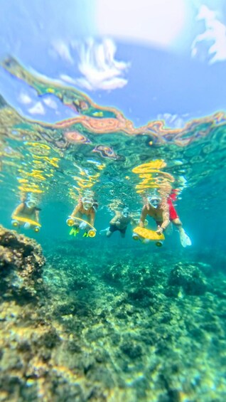 Underwater divers exploring a coral reef with clear water. 4