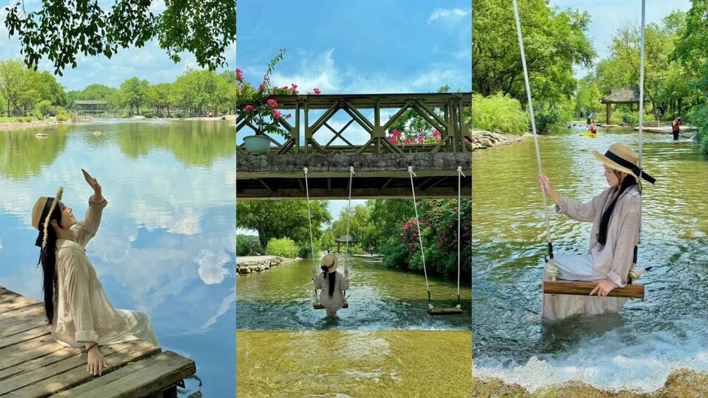A wooden dock, a bridge with flowers, and a swing over water. 5