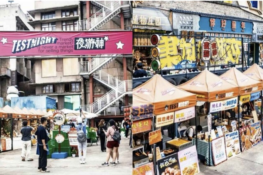 Un vivace mercato rionale con diverse bancarelle e un cartello TEST NIGHT ben visibile. 2