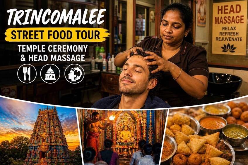 A temple, a head massage service, and street food. 3