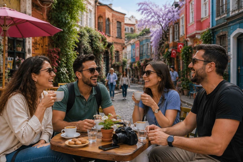 A group of people sitting at a wooden table outdoors, enjoying coffee and pastries. 4