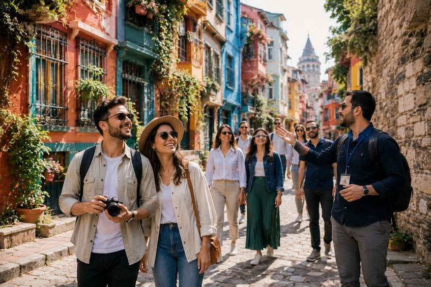 A group of people walking down a colorful street with buildings and a tower in the background. 3