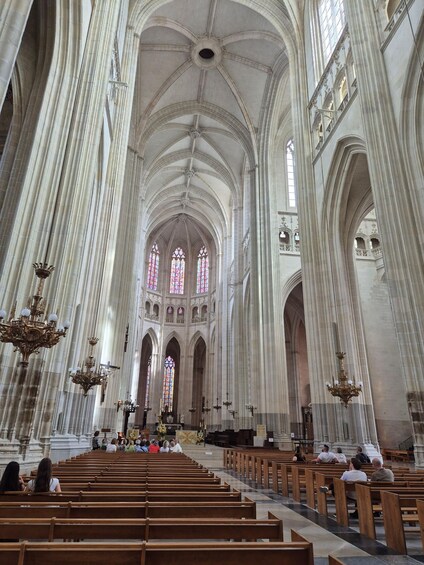 A cathedral interior with high vaulted ceilings, stained glass windows, and rows of wooden pews. 2
