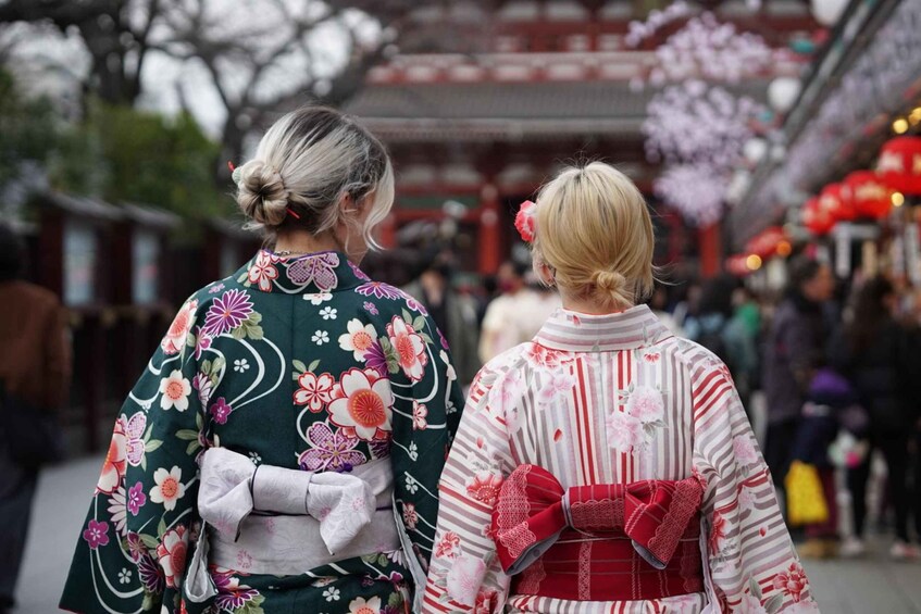 Two individuals in traditional Japanese kimonos with floral patterns and a street with cherry blossoms in the background. 1