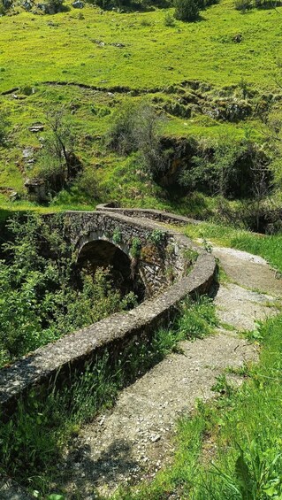 A stone bridge over a dry riverbed in a grassy field. 3