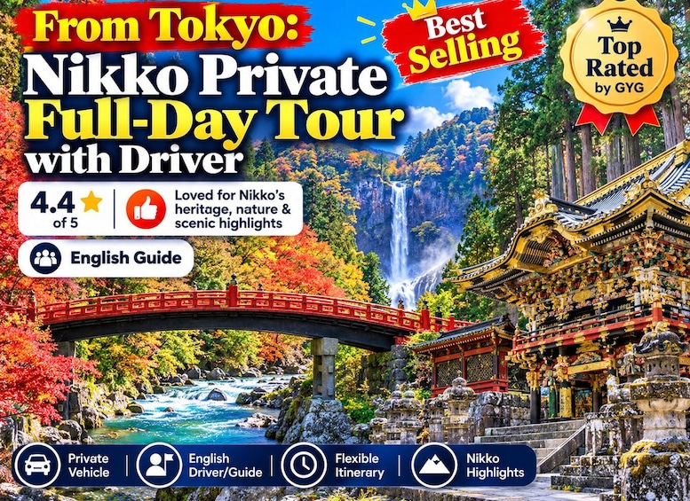 A scenic tour in Nikko, Japan, featuring a bridge, waterfall, and traditional architecture. 1