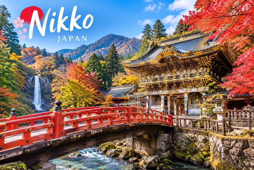 A traditional Japanese temple with a red bridge, autumn foliage, and a waterfall in the background. 1