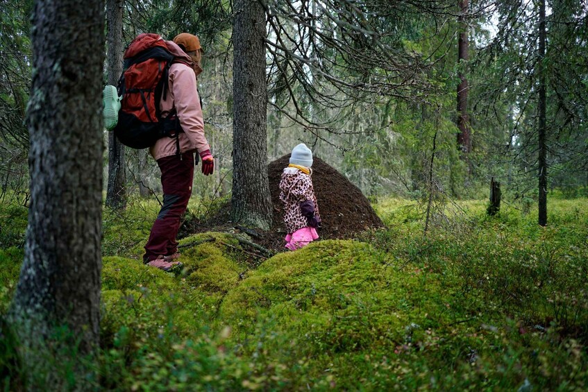 A person hiking in a forest with a backpack and another person digging a hole. 5