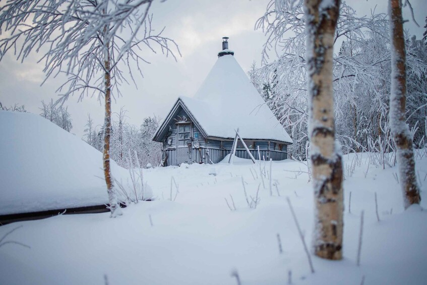 A snow-covered house with a conical roof surrounded by snow-laden trees. 3