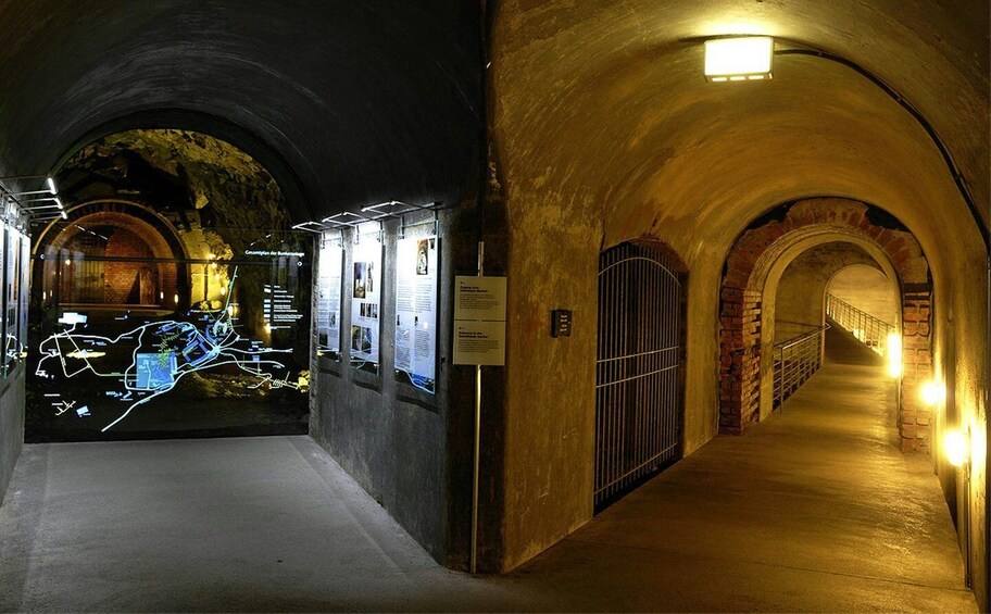 A tunnel with arched brick walls, illuminated by overhead lights, and informational displays along the walls. 3