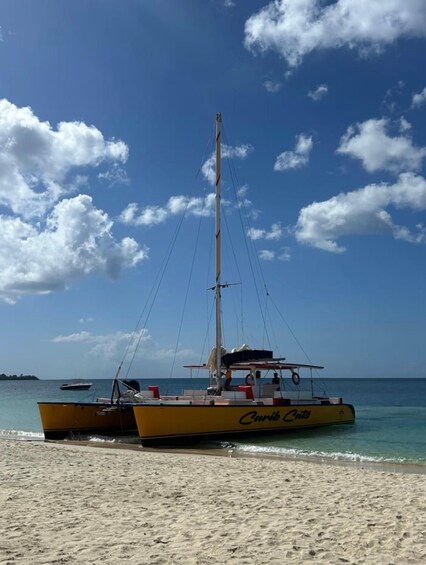 A yellow boat named 'Carmelita' anchored on a sandy beach with clear blue water and scattered clouds in the sky. 1