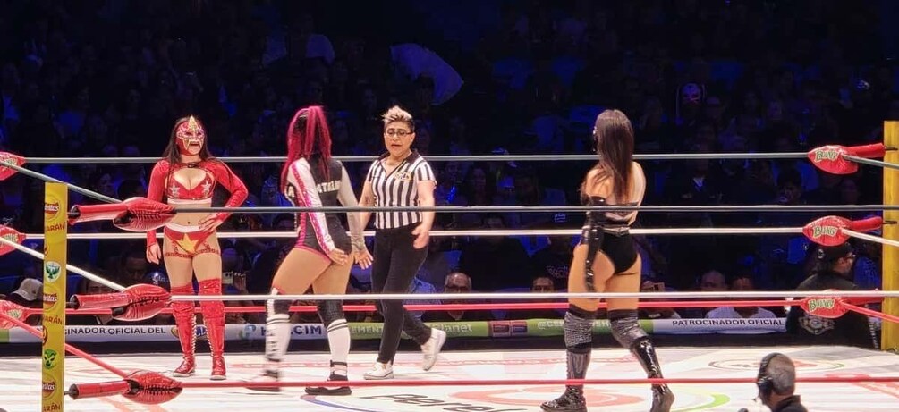 A wrestling ring with four individuals, one referee, and a crowd in the background. 4