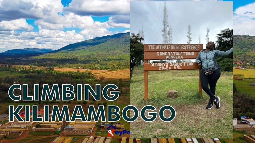A mountainous landscape with a sign marking the summit of Oldonyo Sabuk Peak at 2145 meters. 3