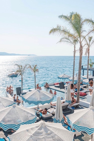 A poolside area with lounge chairs and umbrellas, palm trees, and a view of the sea. 1