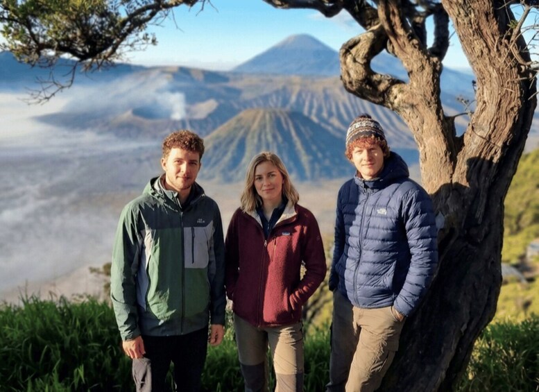 Three people standing by a tree with a mountainous landscape in the background. 3