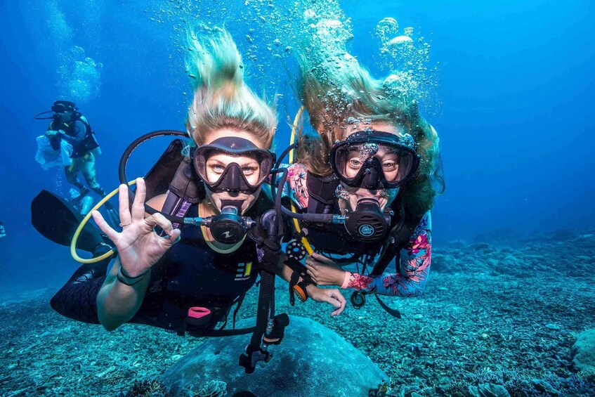 Two scuba divers underwater with bubbles and a diver in the background. 1
