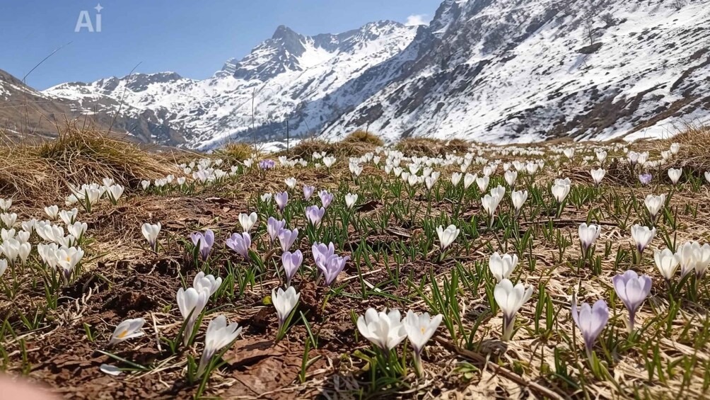 A field of crocuses with snow-capped mountains in the background. 1