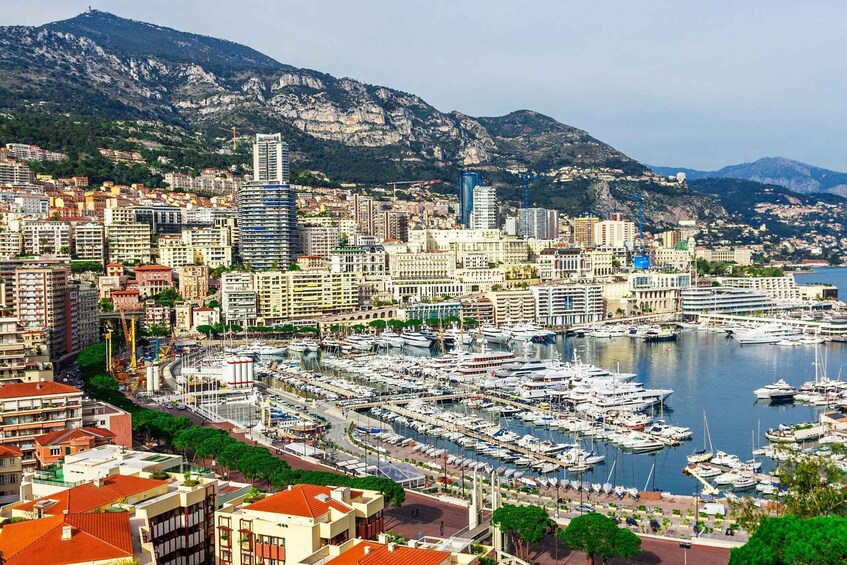 A coastal cityscape with a marina filled with boats, surrounded by residential buildings and mountains in the background. 1